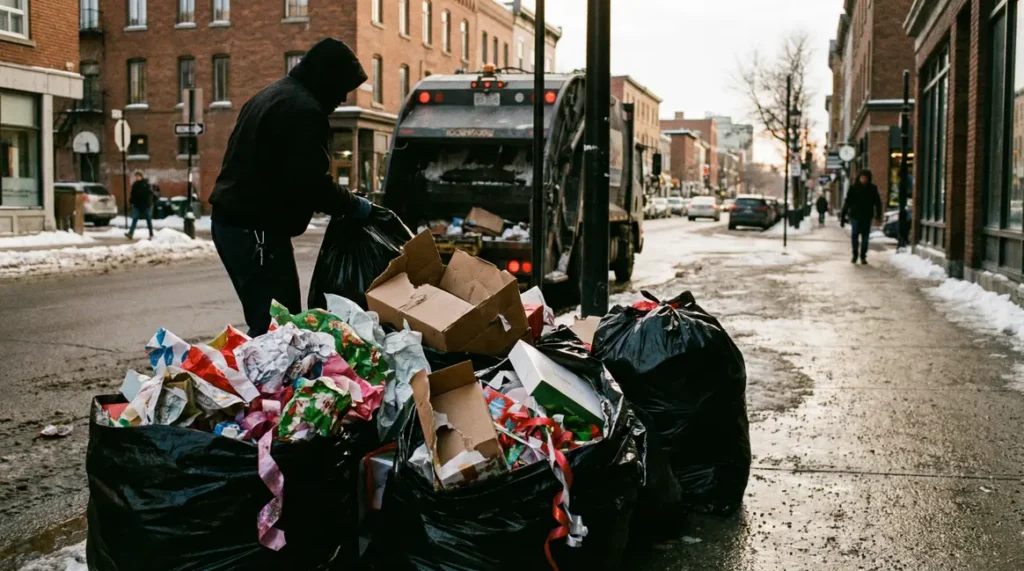Sacs poubelle avec papiers cadeaux, rubans, cartons apres Noel, tri des dechets urbains