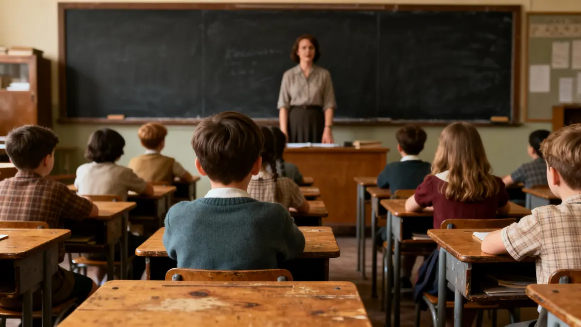 Écoliers et enseignant en classe années 60