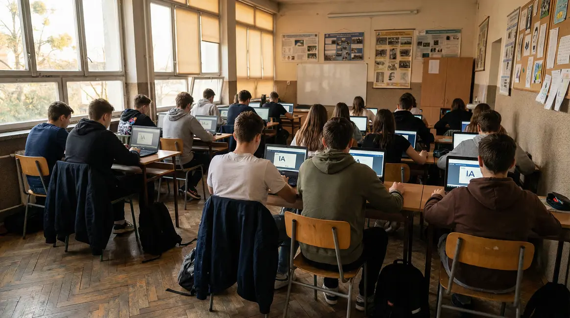 Adolescents en classe utilisant IA sur ordinateurs