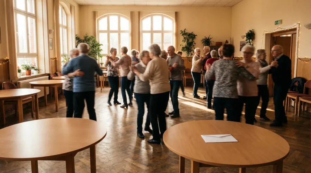 Groupe de seniors dansant dans une salle communautaire Dijon