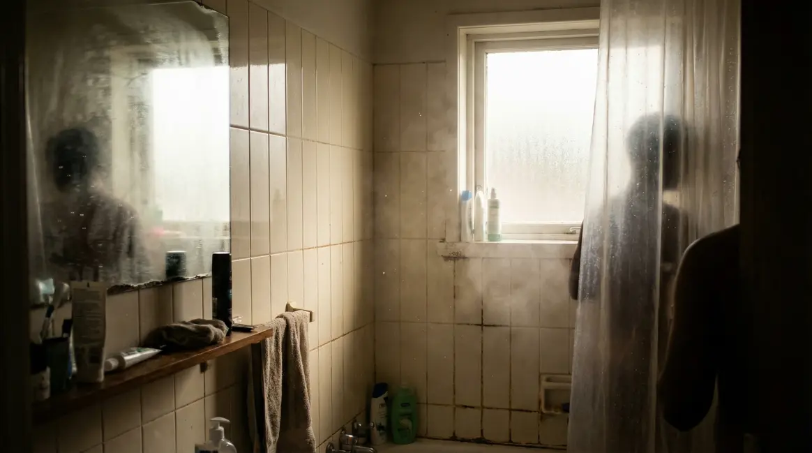 Salle de bains humide avec spores et traces de moisissures