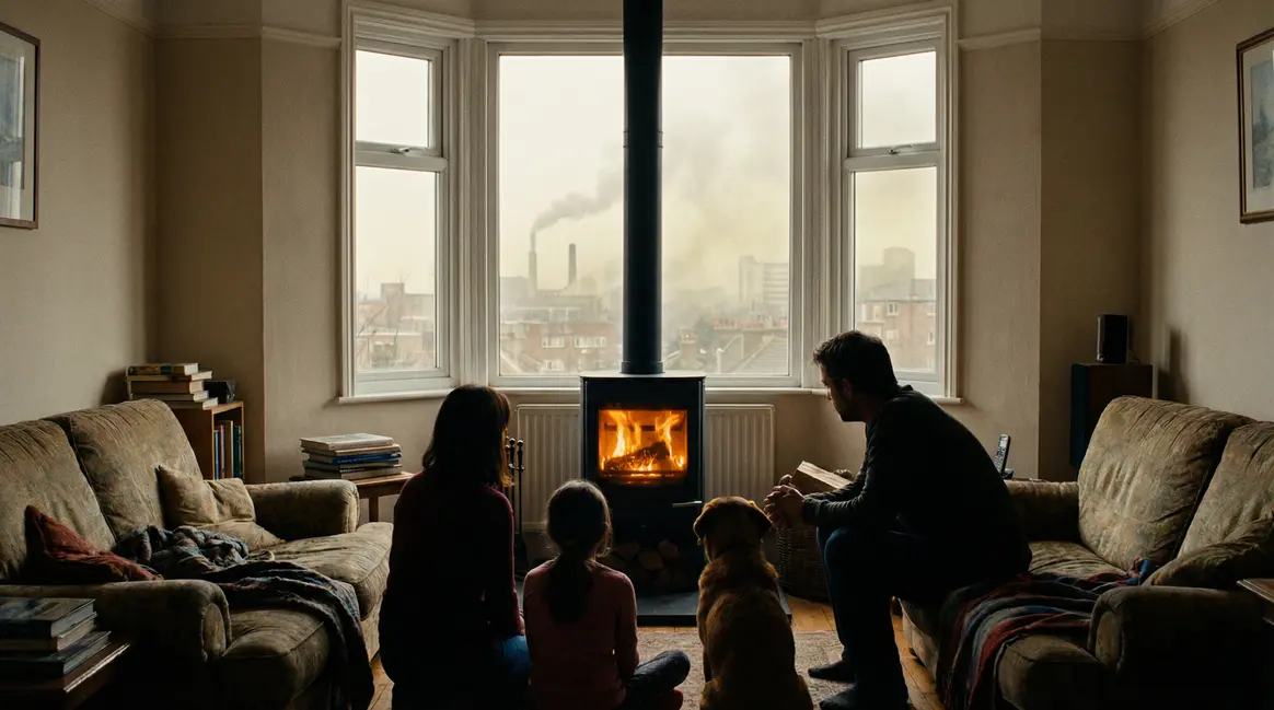 Salon famille poêle bois moderne avec pollution invisible