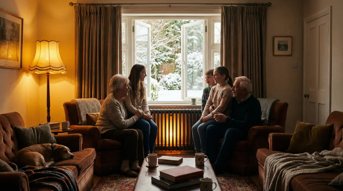salon chauffé radiateur visible seniors famille ambiance chaleur