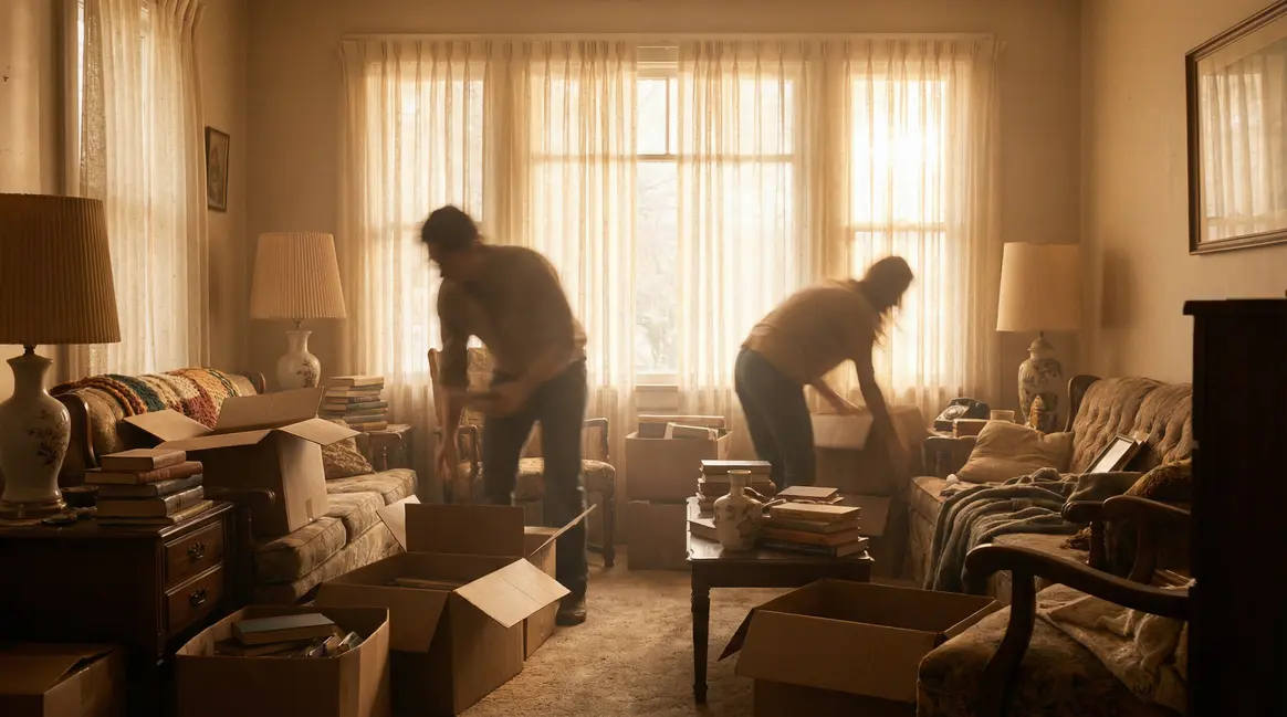 Salon lumineux avec cartons et objets à trier