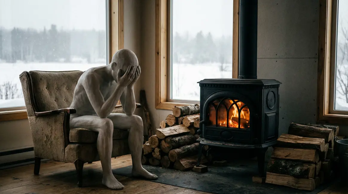 Salon avec poêle à bois et bûches hiver ambiance froide