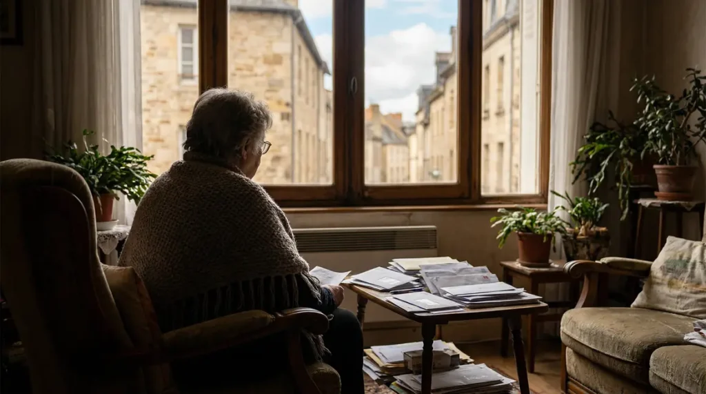Personne âgée assise devant fenêtre, courrier entassé, ambiance chaleureuse Limoges