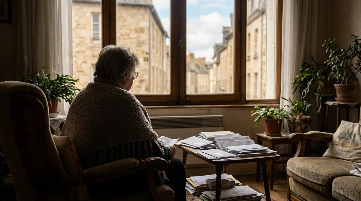 Personne âgée assise devant fenêtre, courrier entassé, ambiance chaleureuse Limoges