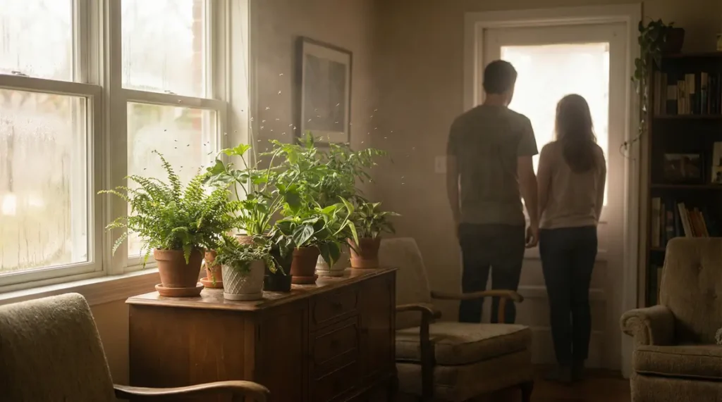 Salon avec plantes vertes et moucherons