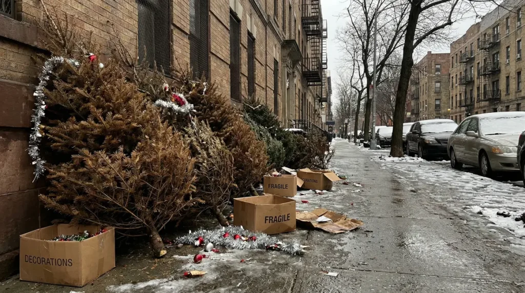 sapins de Noël abandonnés sur trottoir urbain, post-fêtes
