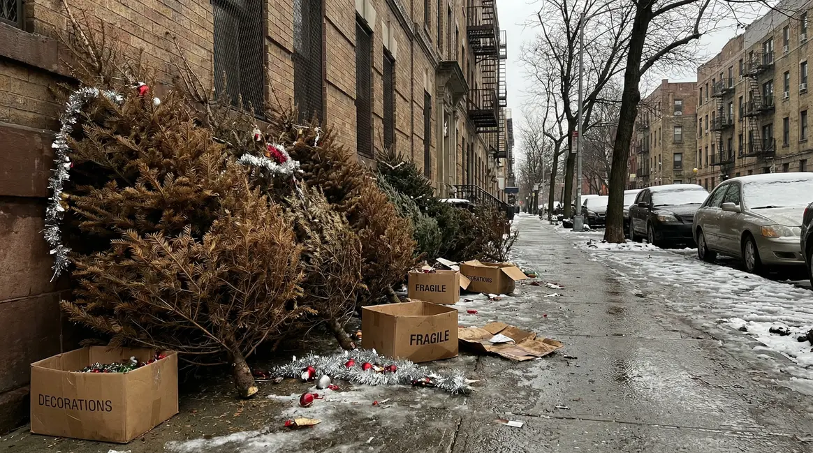 sapins de Noël abandonnés sur trottoir urbain, post-fêtes