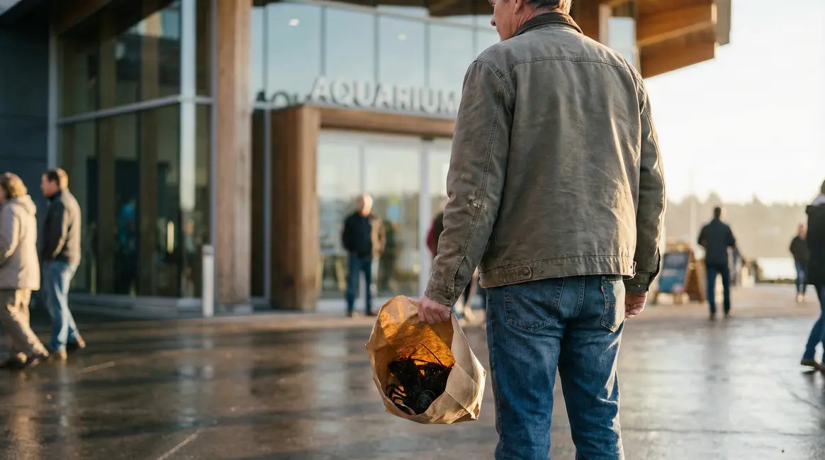 Sauvetage de deux homards vivants devant aquarium Sealand