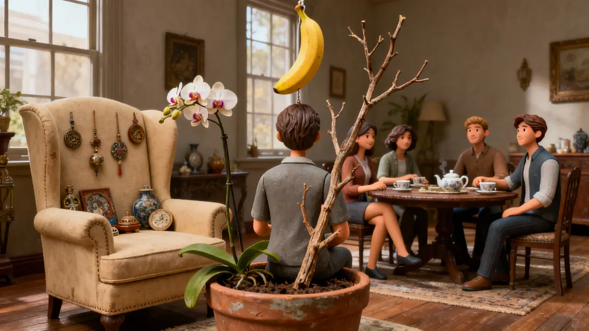 Groupe autour d'une orchidée, banane suspendue