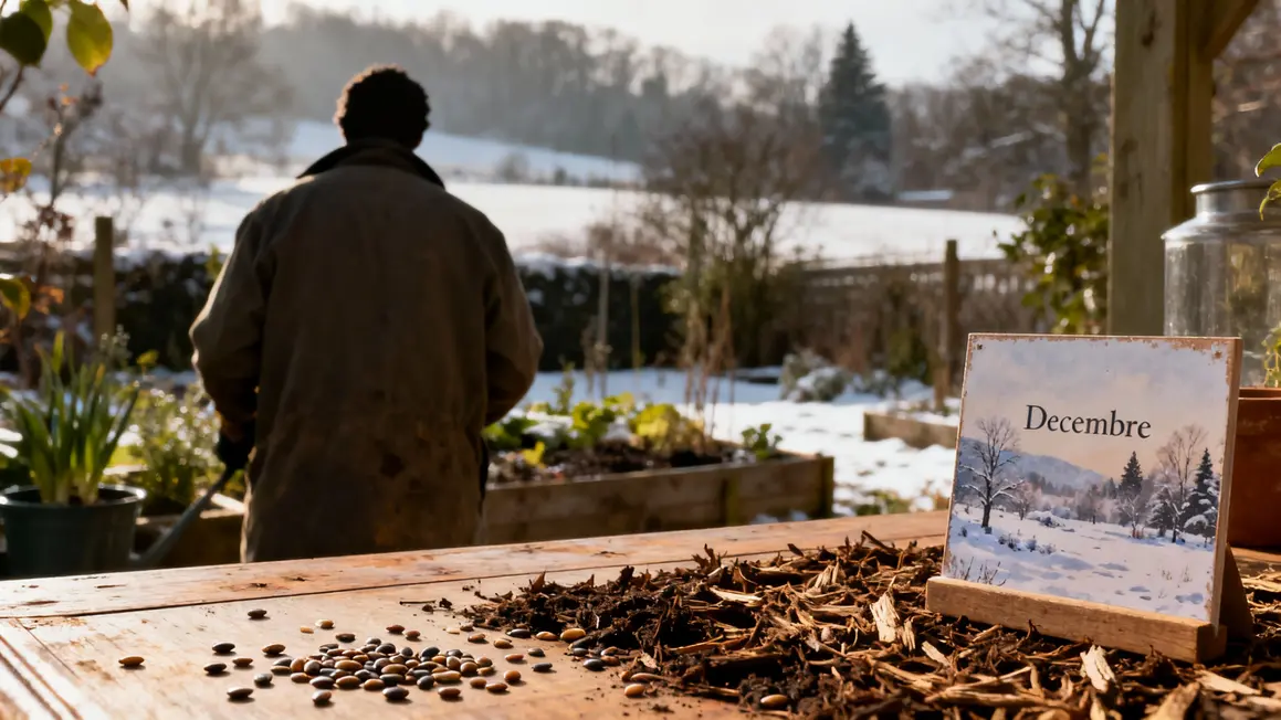 Sol semé paillé jardinier manteau panneau décembre