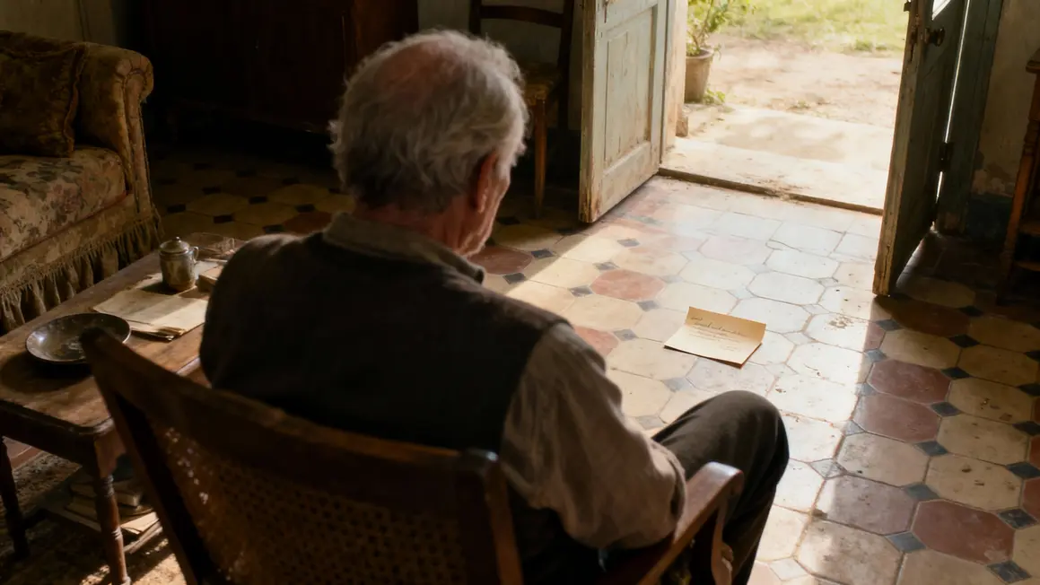 Senior assise lit une lettre dans son salon carrelage Limoges