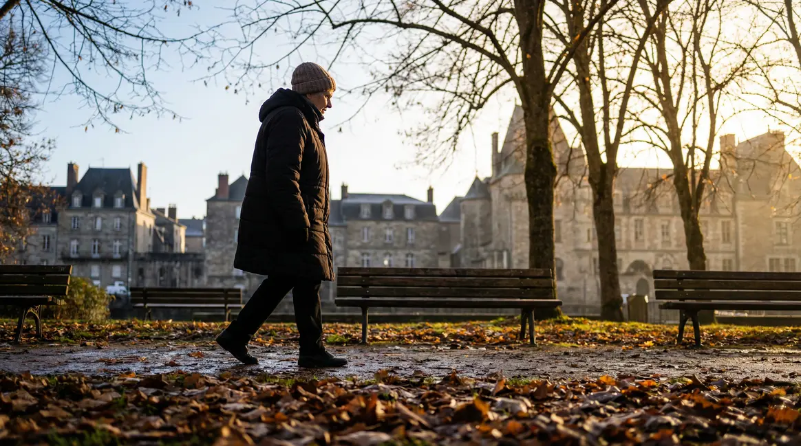 Senior marche dans un parc urbain à Limoges au matin