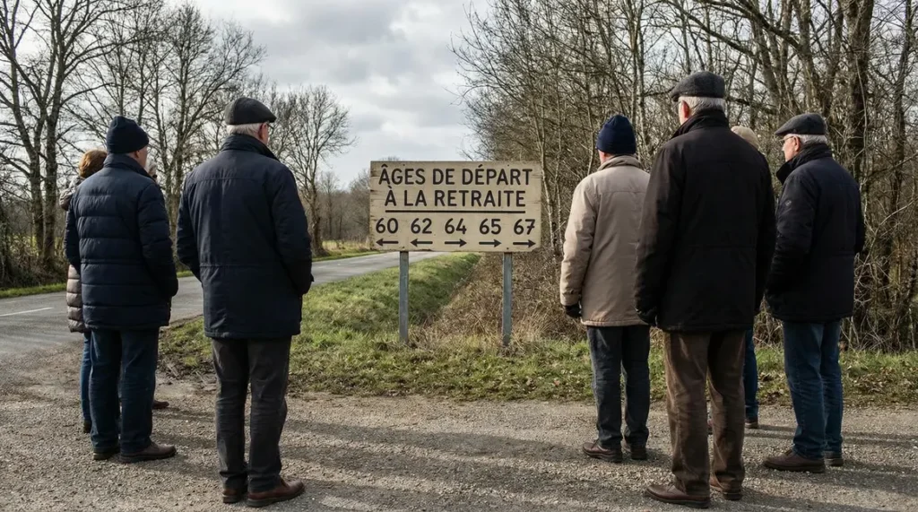 Groupe seniors panneau ages depart retraite