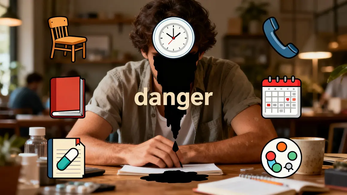 Icônes dangers perte d'autonomie, fatigue, routine