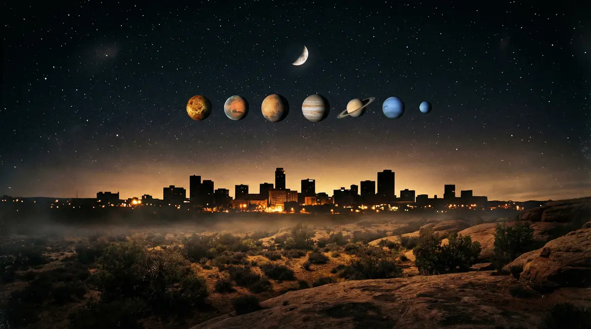 Six planètes alignées dans le ciel étoilé ouest avec la Lune, silhouette de ville, 2026