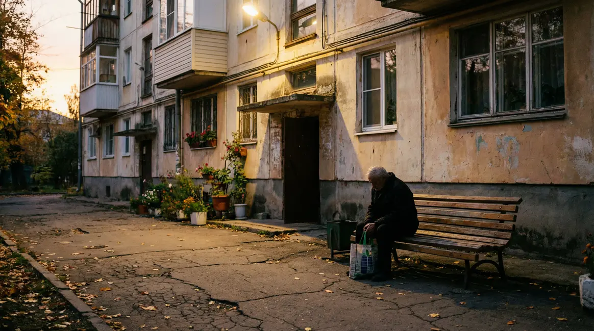 personne agee seule devant appartement modeste