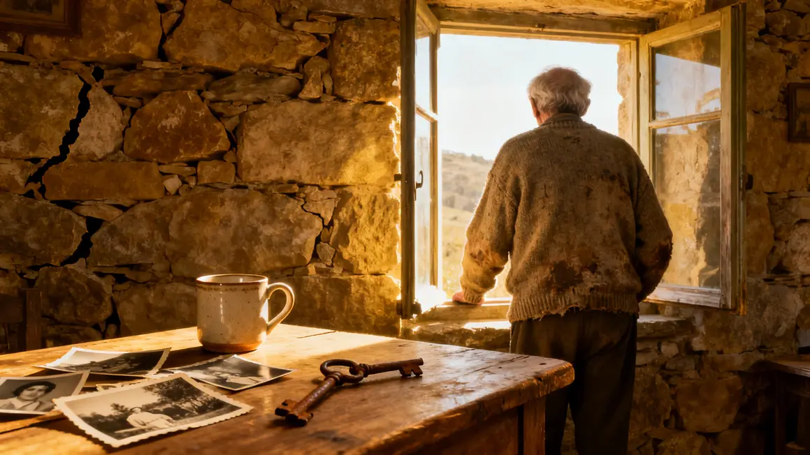 Homme âgé devant fenêtre, maison en pierre, photos anciennes sur table