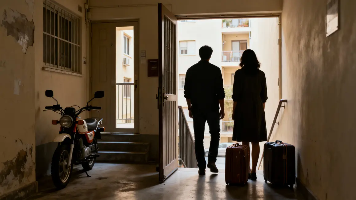 Locataires silhouette moto valises entrée appartement