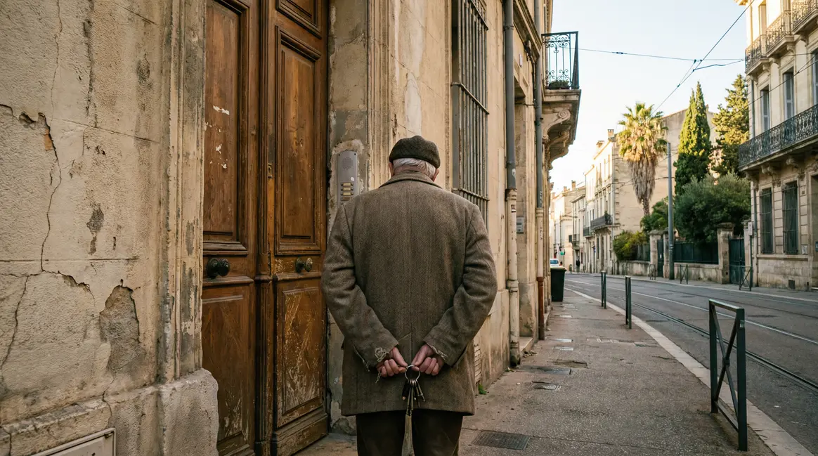 Homme âgé devant porte close immeuble Montpellier