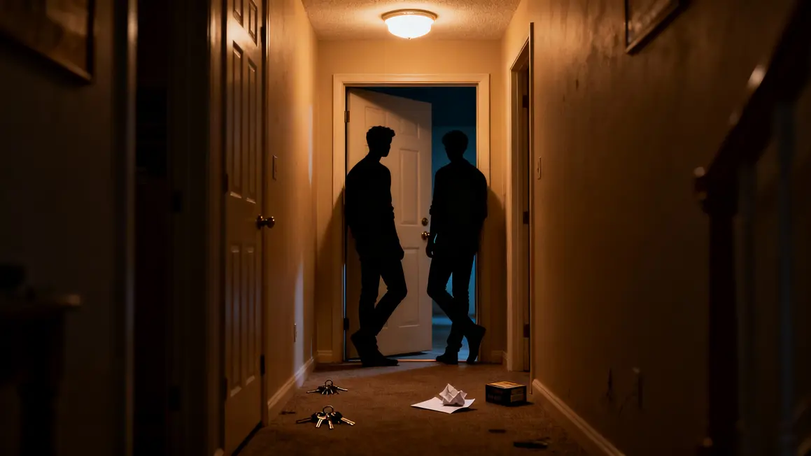Deux hommes pied dans la porte appartement nuit