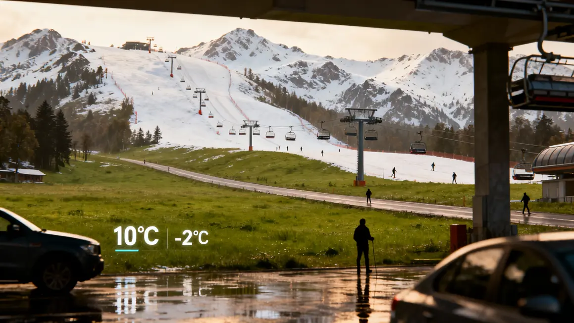 Station de ski sur montagne enneigée et plaine verte
