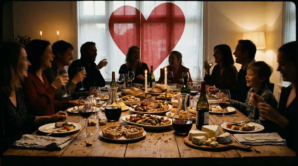 Grande table de fête chaleureuse avec ombre de cœur, prévention cardiaque
