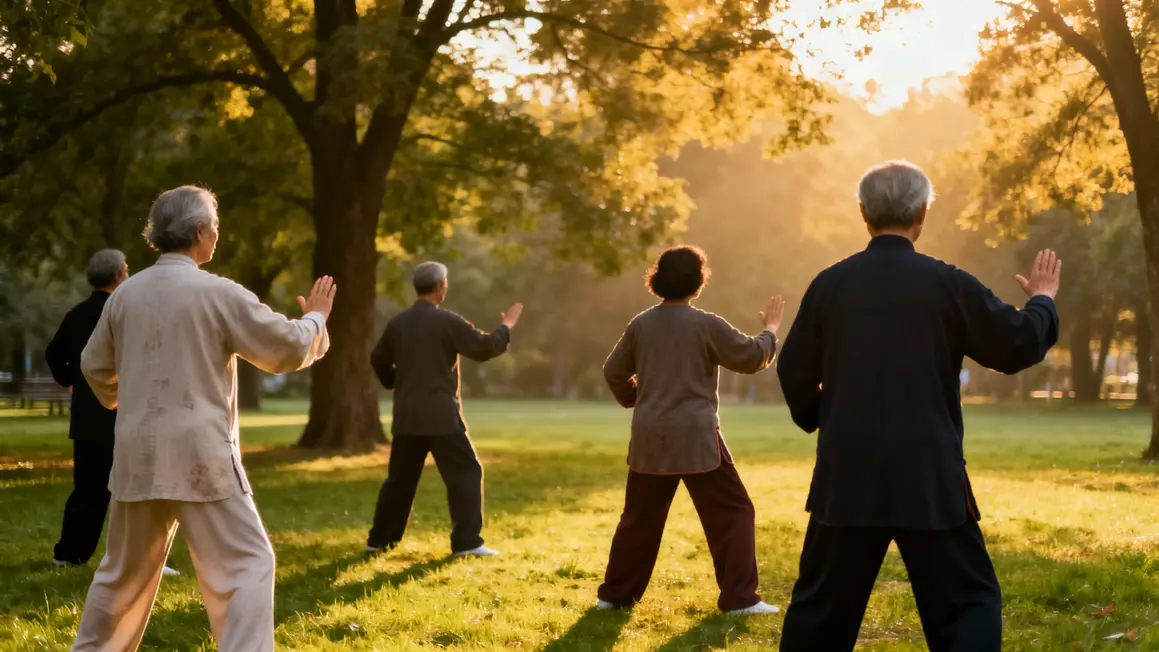 Seniors pratiquent tai chi parc nature
