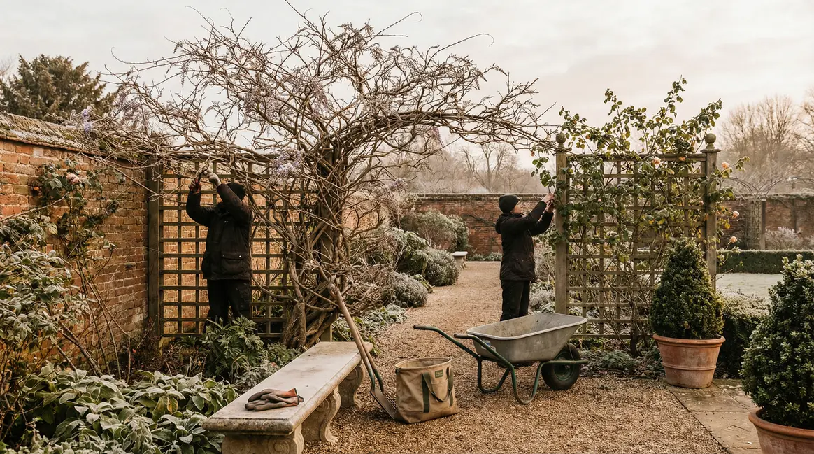 Entretien jardin hiver taille arbustes glycine rosiers