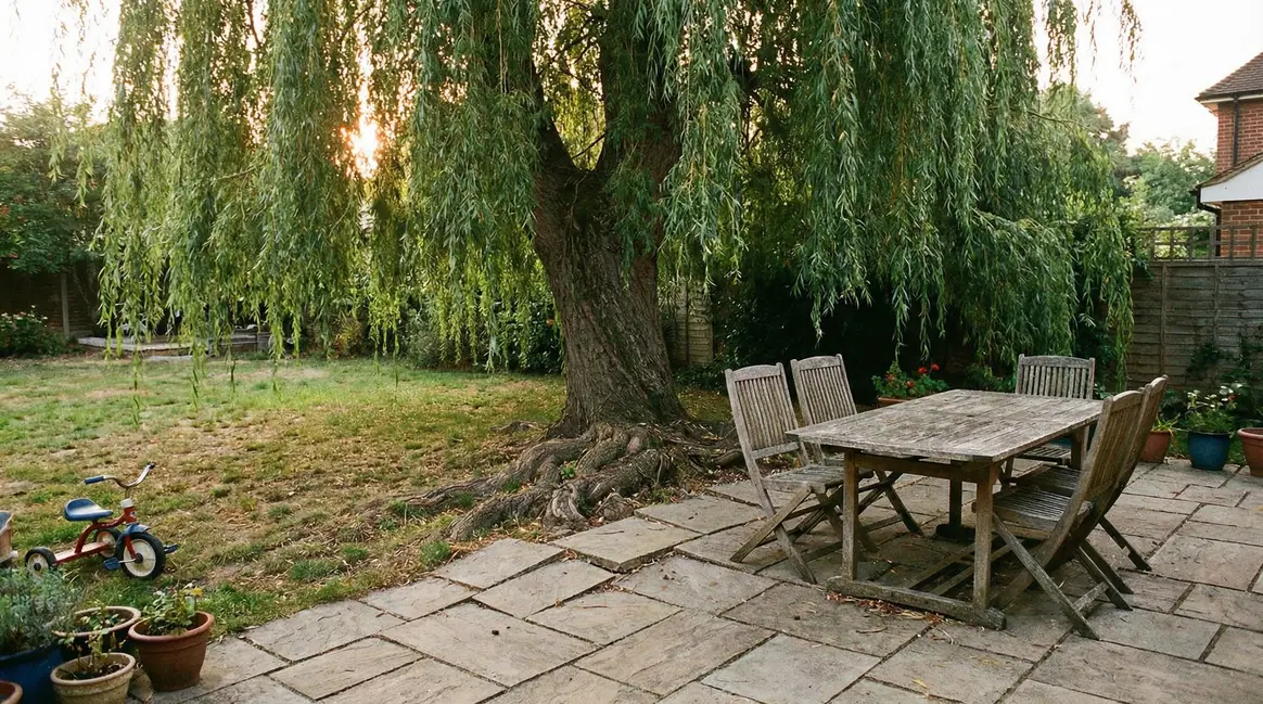 Terrasse fissurée racines saule jardin matin