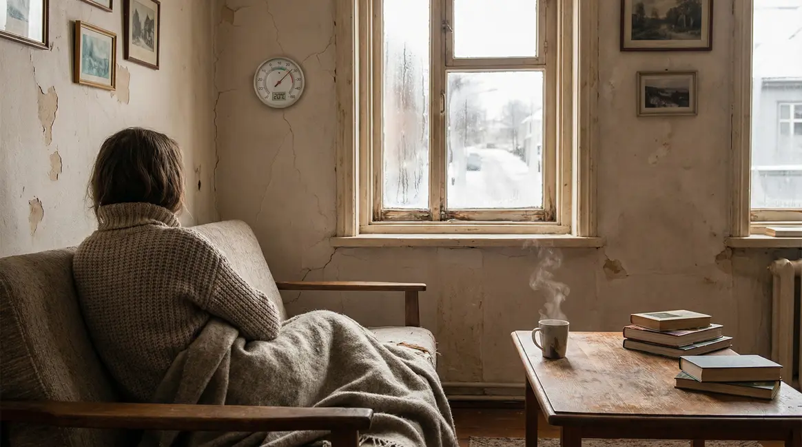 Intérieur froid avec thermostat 20C, condensation et couverture