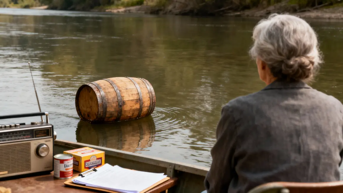 Femme âgée de dos sur tonneau flottant Garonne