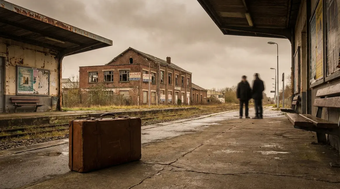 valise sur quai gare france et usine fermee