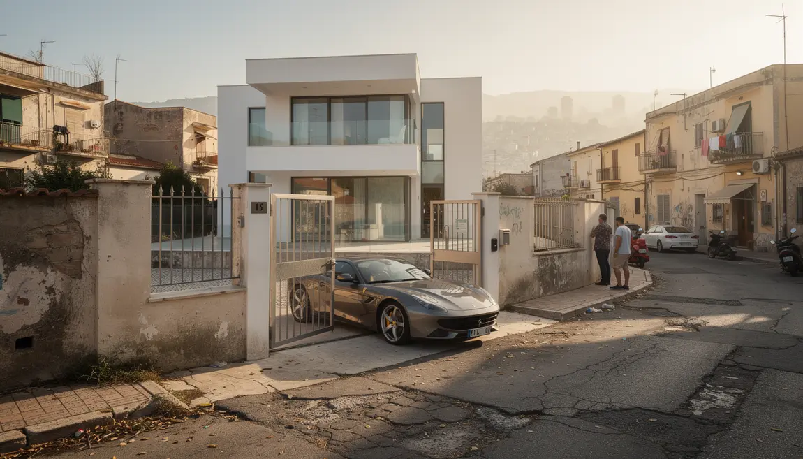 Villa moderne avec Lamborghini devant à Syracuse, quartier populaire