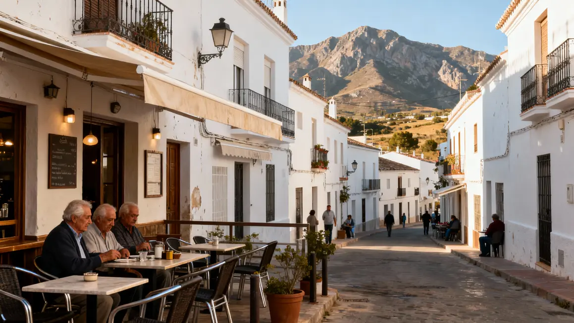Seniors café village blanc Espagne retraite quotidien