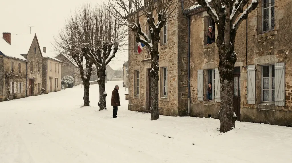 village rural sous la neige avec maire âgé devant la mairie