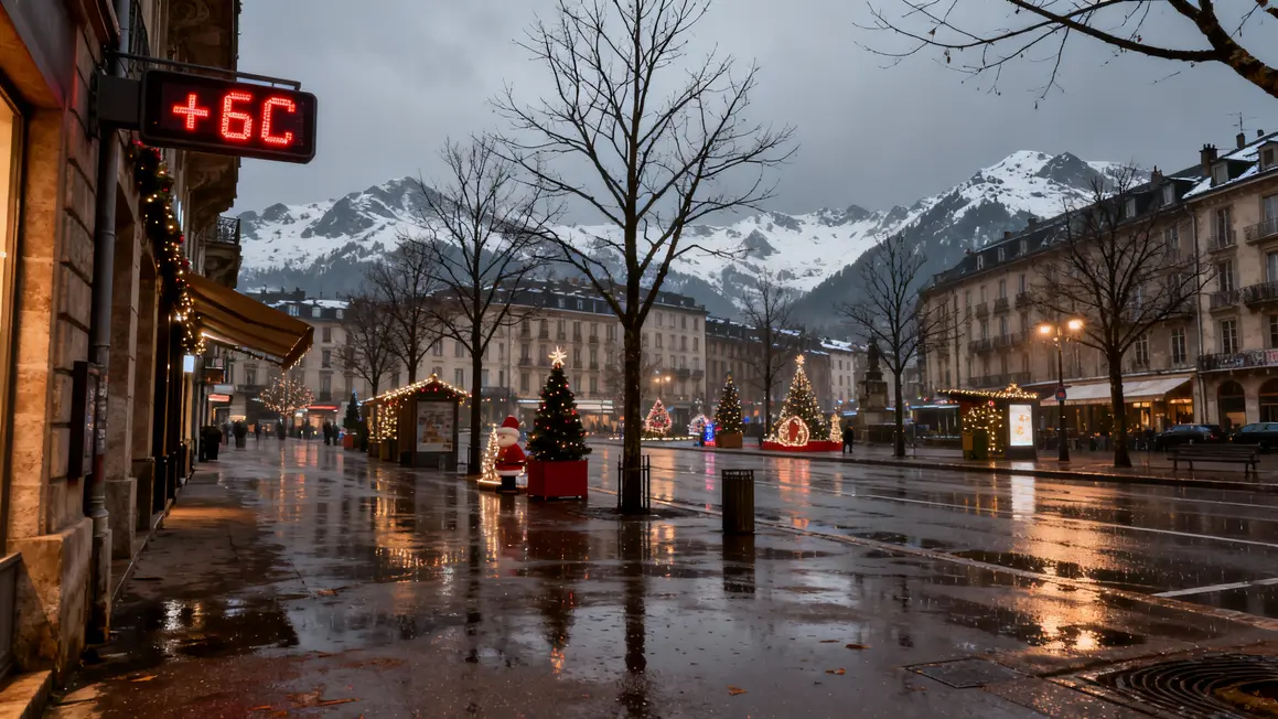 Ville humide sous pluie avec montagnes enneigées