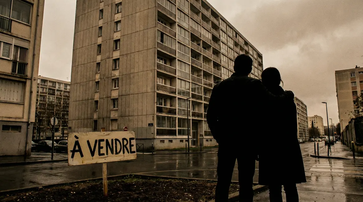 Couple observe immeuble moderne à vendre, ambiance anxieuse