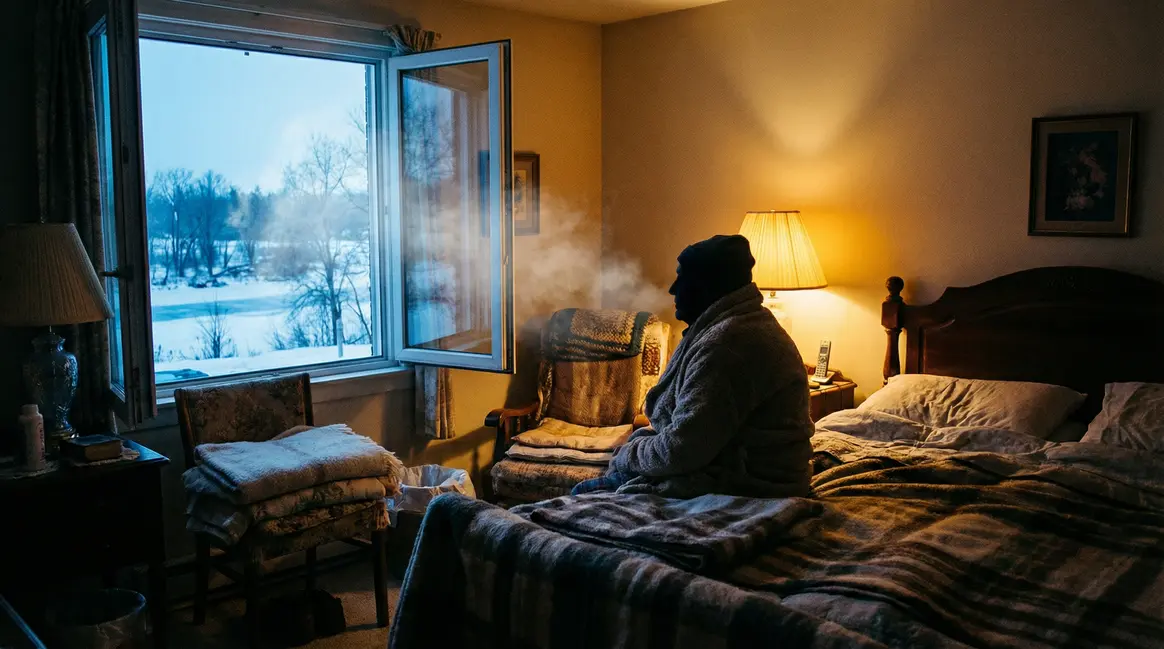 Chambre senior fenêtre ouverte en hiver, bien-être intérieur