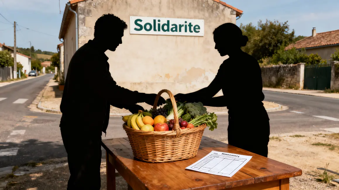 Main panier solidaire, fruits légumes, formulaires aides, entraide village