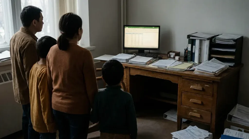 Famille devant bureau administratif, incertitude CAF