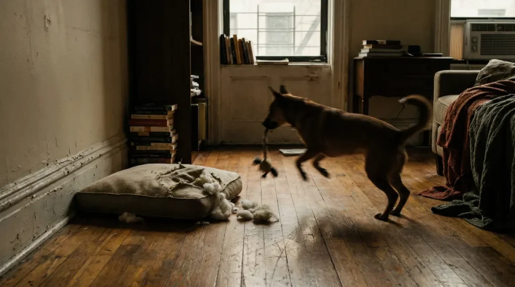 Appartement citadin avec chien stress coussin dechire