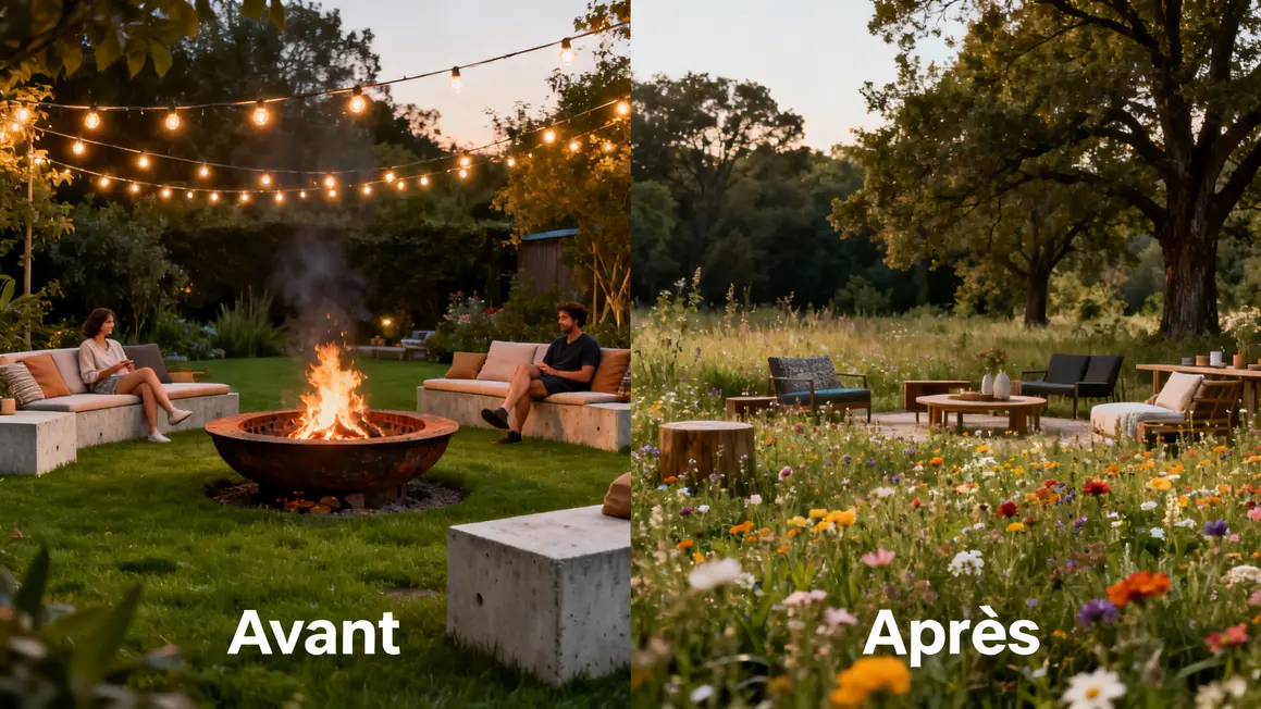 Comparaison jardin : guirlandes et feu fixe vs prairie fleurie, mobilier varié