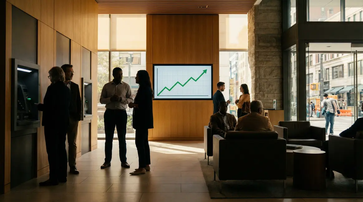 Banque moderne avec écran finances stables, ambiance rassurante