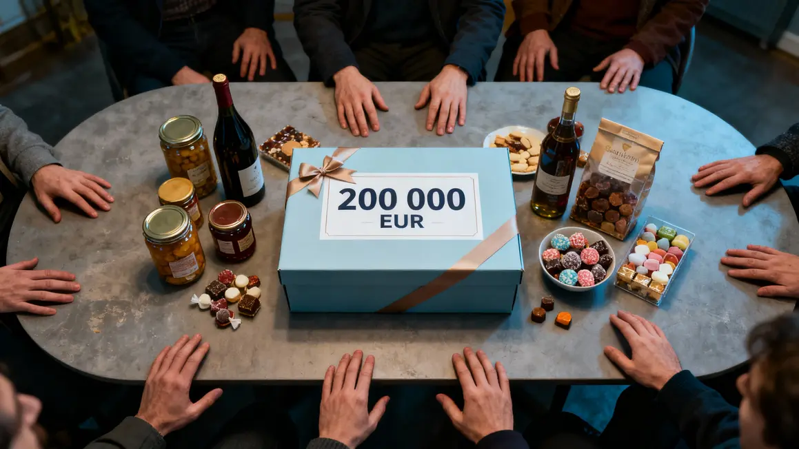 Boîte cadeau produits gourmets sur table, coût en évidence