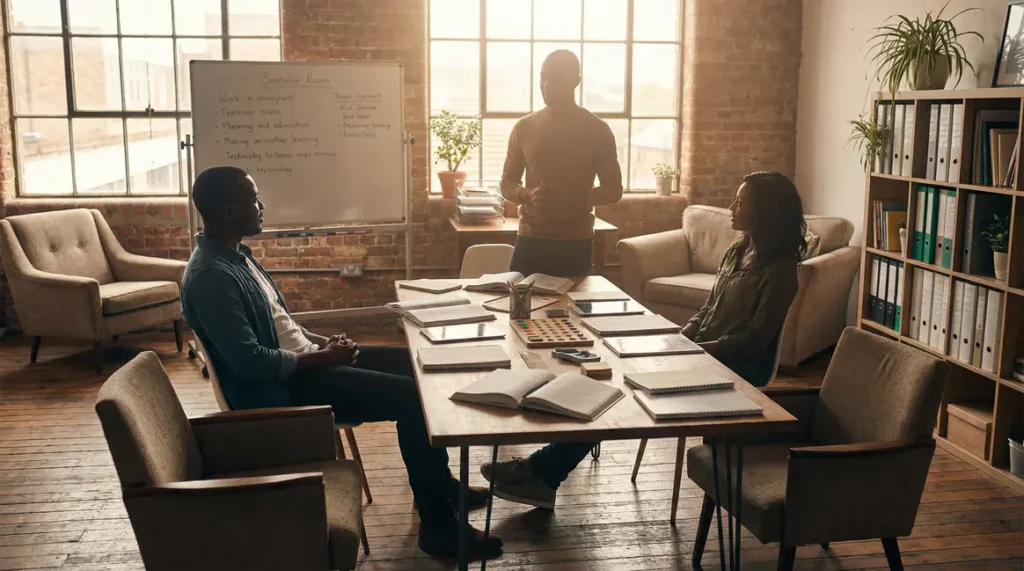 Personnes heureuses discutant en bureau moderne et salle de classe