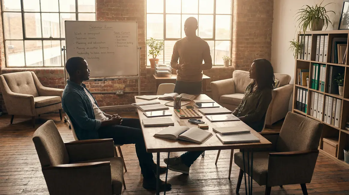 Personnes heureuses discutant en bureau moderne et salle de classe