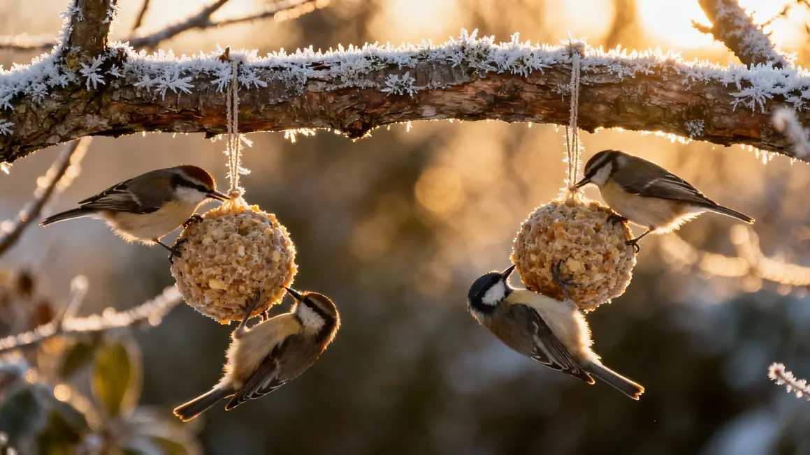 mésanges nourries boules graisse branche